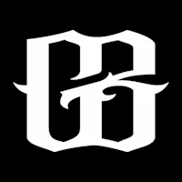 a white logo with the letter b on it